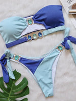Luxuryt Bandeau Bikini 2025 Woman Sexy Orange Patchwork Cut Out Rhinestone Swimsuit Bathing Suit Thong Swimwear Traje De Baño