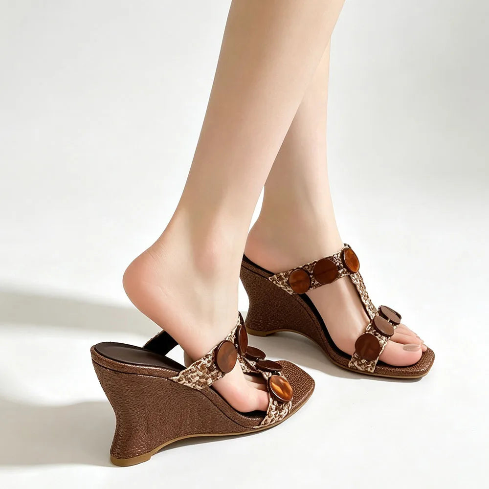 Boho Raffia Comfortable 8cm High Heels Wedge Slide Mules T-Strap Vacation Beach Straw Heels Espadrille Wedge Sandals Women Shoes