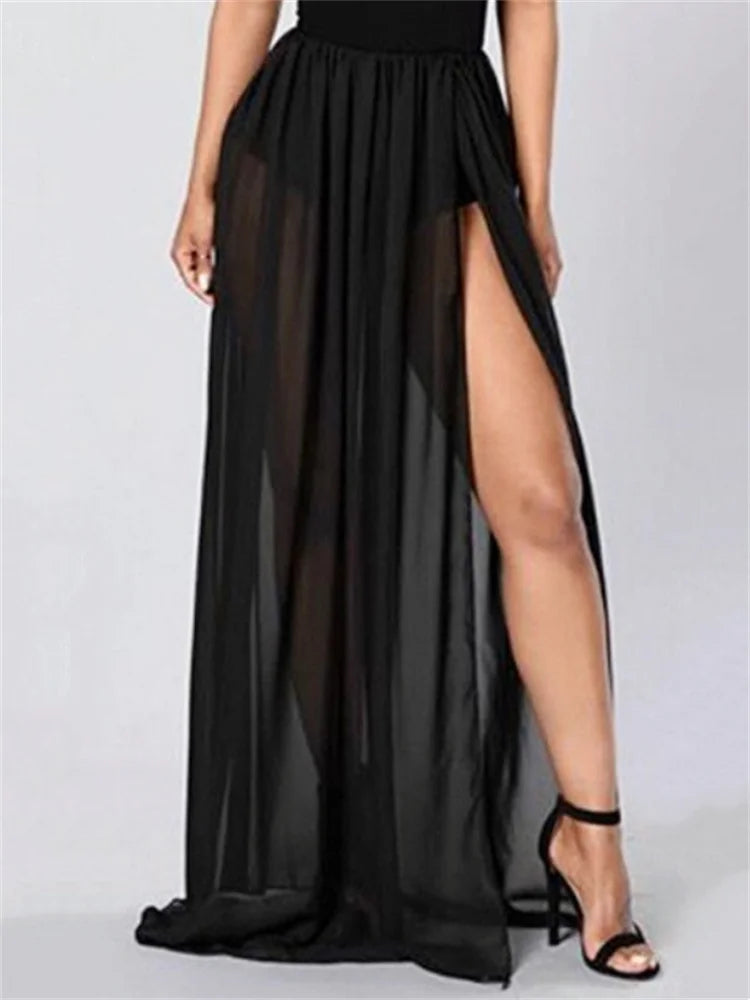 Womens Mesh Beach Wrap Skirt Bikini Cover-Ups High Waist See Through Slit Long Skirts Sexy Club Cover-ups