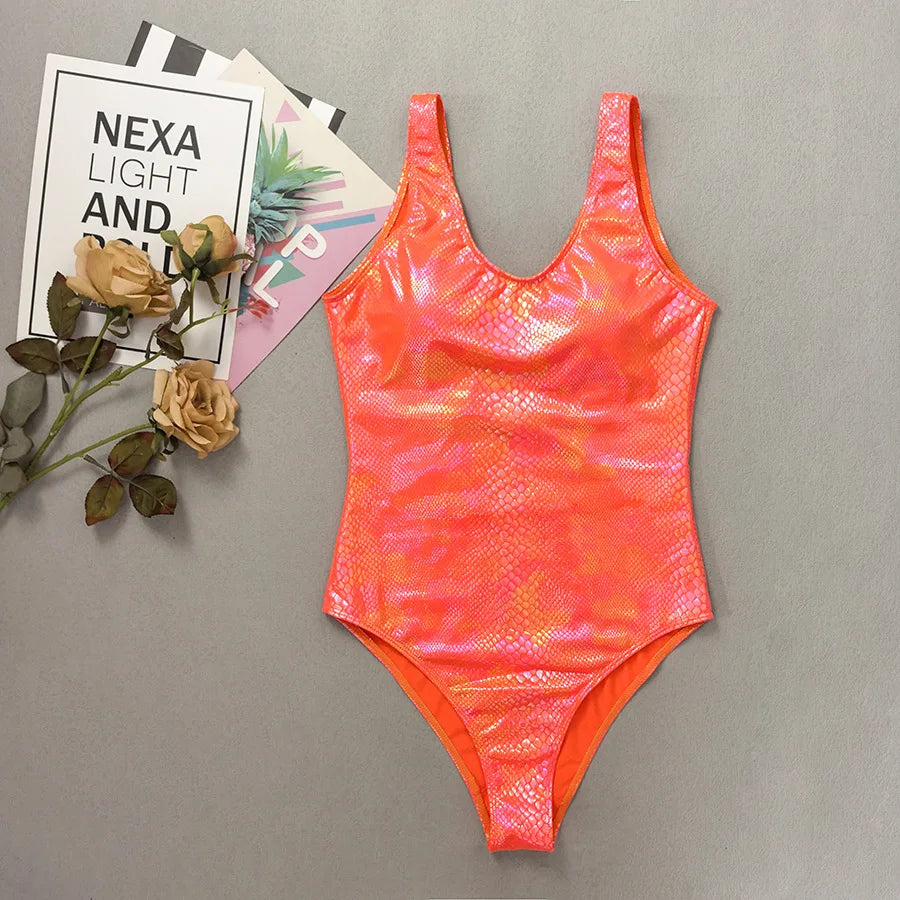 Shiny Orange Snakeskin Print Swimwear Women Sexy U Neck Slimming Backless Bathing Swimming Suit One Piece Swimsuit 2025 Monokini