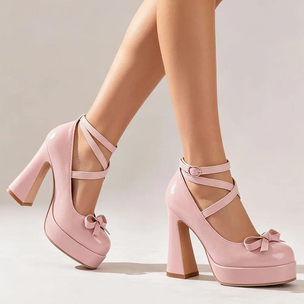 Big Size 45 Women's Sweet Pink Mary Jane 10.5cm High Heels Pumps Lolita Round Toe Bow Cross-Strap Platform Chunky Heel Shoes