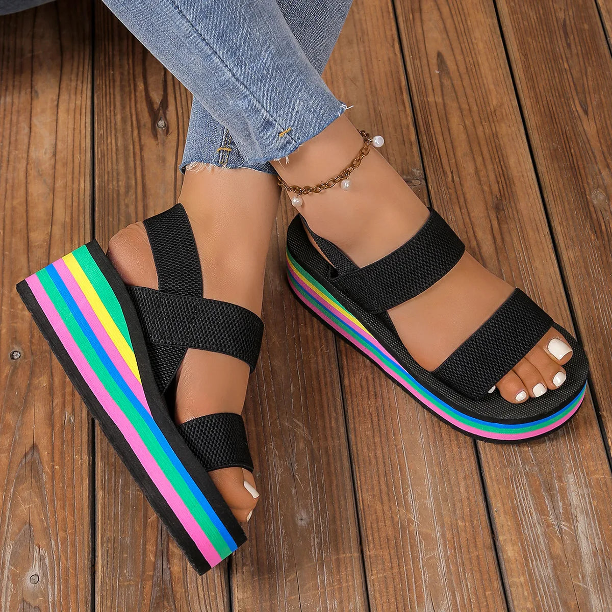 Light Weight Women Summer Sandals Leisure Wedges Shoes Rainbow Sole Soft EVA Girls Student Daily Walking Sandalias Plus Size 42