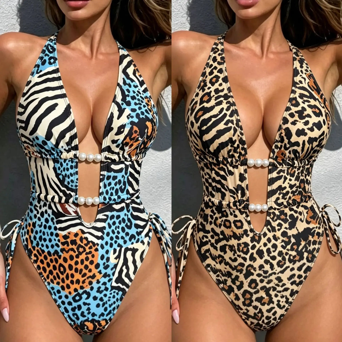 Vintage Blue Leopaed Print Swimwear Women 2026 Pearls V Neck Hollow Out Backless Drawstring Side Bathing Suit One Piece Swimsuit