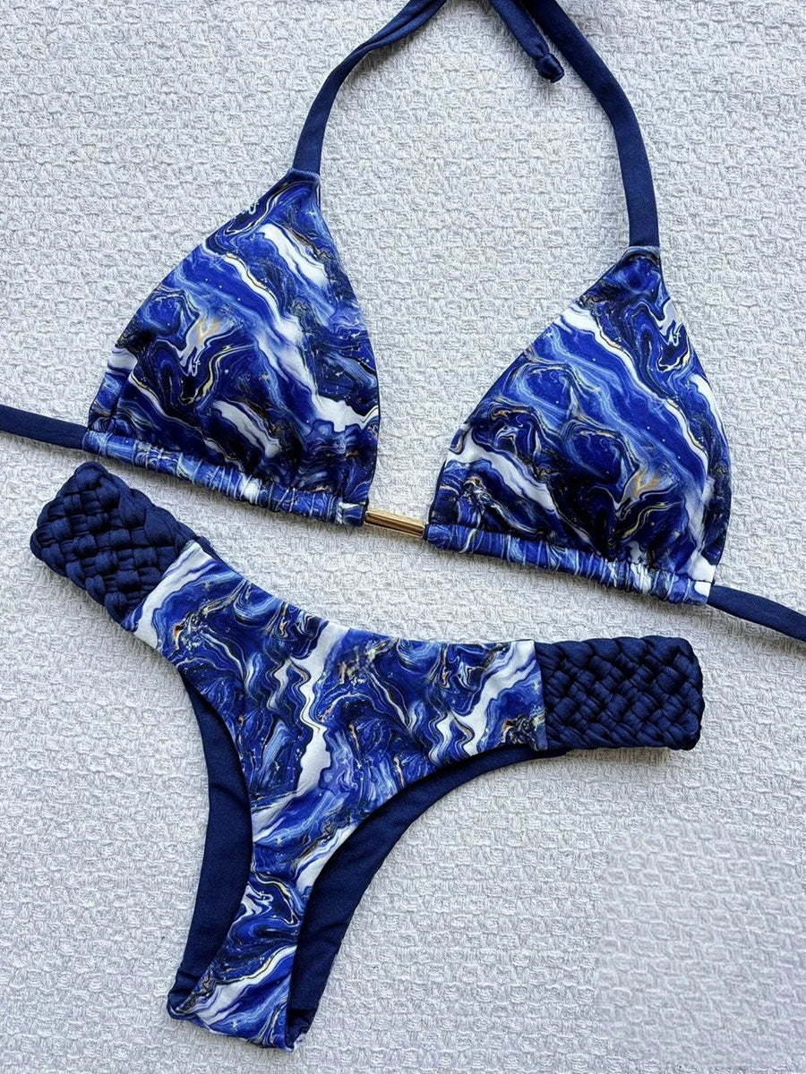 Print Halter Braided Rope Mini Thong Bikini Female Swimsuit Women Swimwear Two-pieces Bikini Set High Cut Bathing Suit Swim Lady
