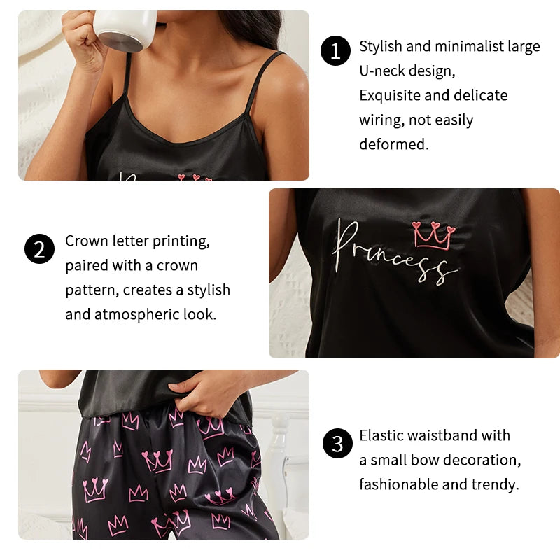 Womens Sexy Crown Print Pajamas Two-piece Set Summer Camisole Top Pants Pajama Set Casual Comfortable Homewear Casual Outfit Set