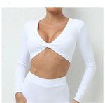 Long Sleeve Gym Crop Tops for Women Twist Deep V Workout Quick Dry Padded Sports Fitness Yoga T-Shirt