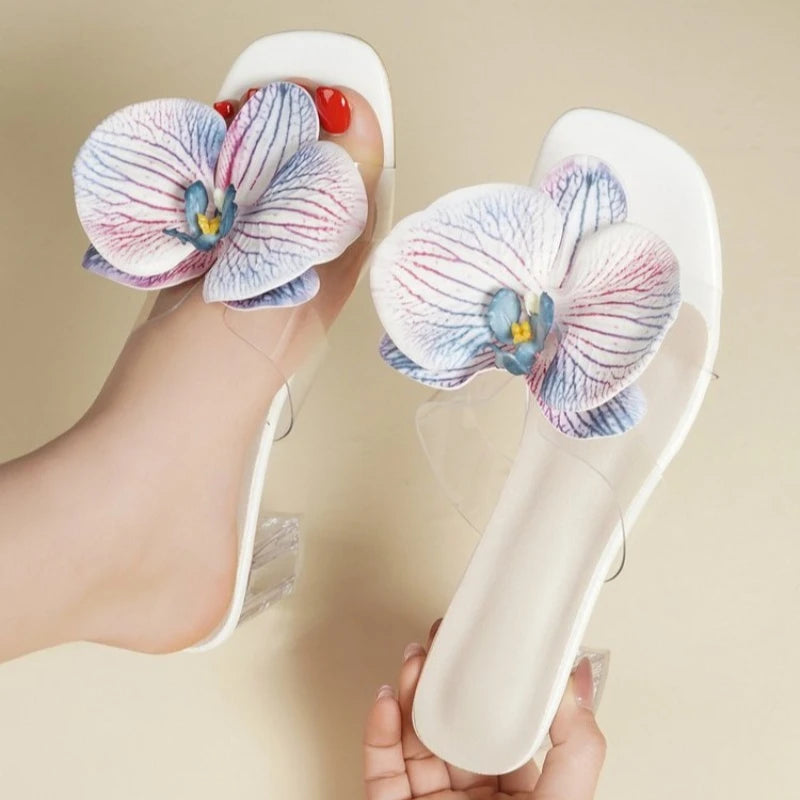 Fashion Flower Women Thin Heels Sandals Slides Shoes Female Square Toe Footwear Ladies High Heels Sandals Shoes Pumps