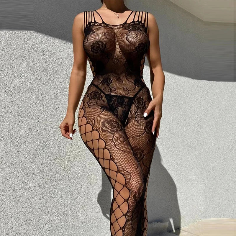 One Piece Crotchless Bodystocking EroticTransparent Sexy Lingerie Sexiest Bodysuit Mesh Hollow Bra Set Black Full Body Stockings