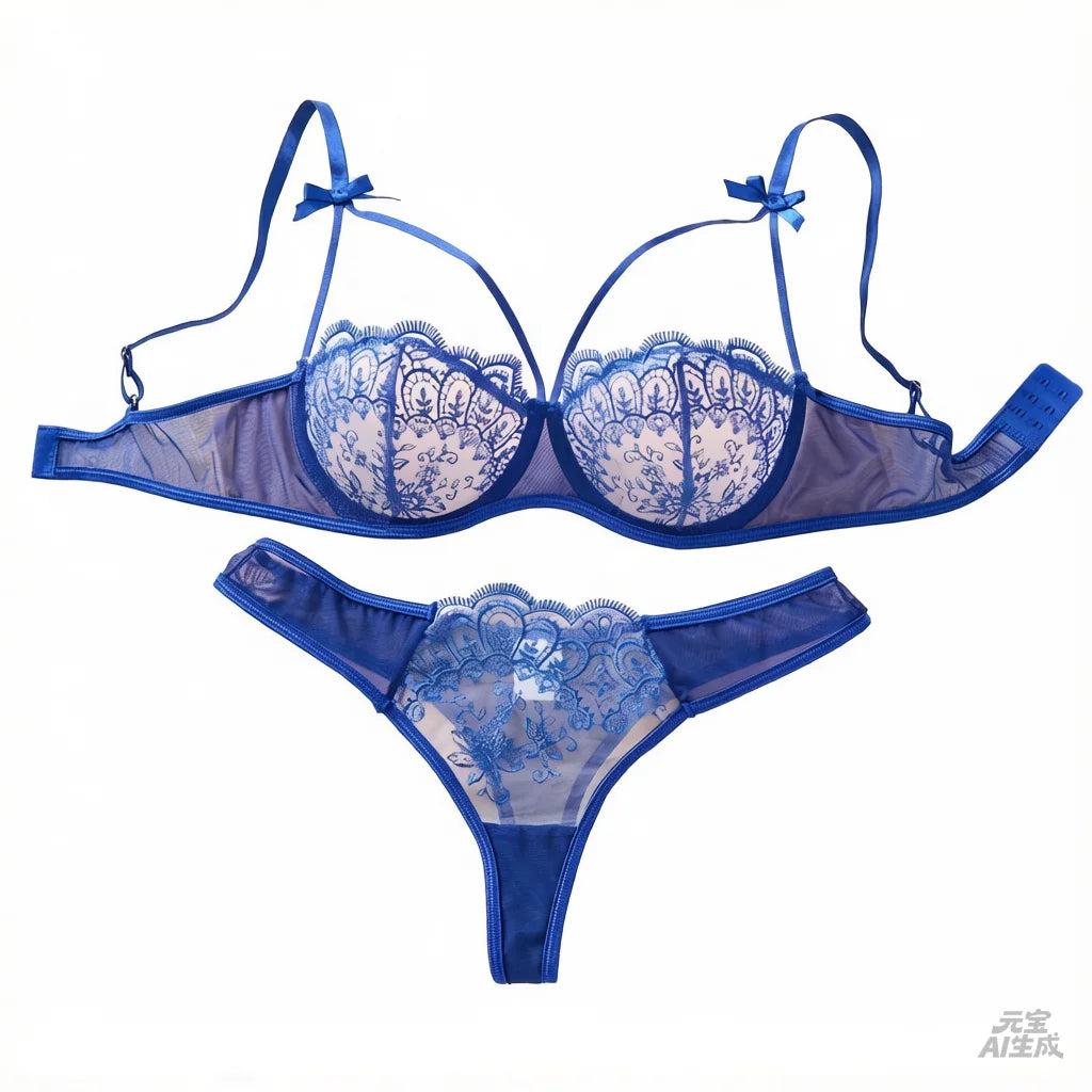 Royal Blue Floral Lace Lingerie Set Sheer Mesh Underwire Bra With Bow & Thong Women Sexy Underwear ZA824057