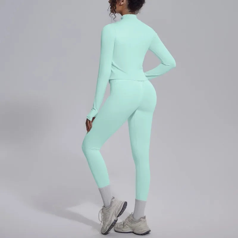 Women's Seamless Yoga Sets Sports Fitness Zipper Long-Sleeve Jacket Slim-fit Hip Lift Pants Suits Workout Training Gym Sets