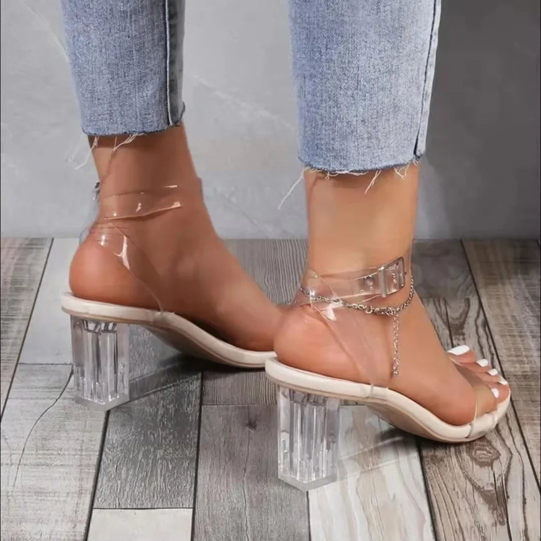 Women PVC Jelly Crystal Chunky Heel Transparent Sandals Fashion Sexy Summer High Heels Sandalias Female Pumps Zapatillas Mujer