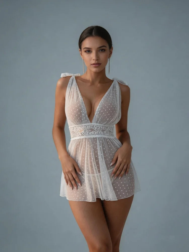 Polka Dot Mesh Babydoll Set V Neck Lace Waist Tie Straps Sheer Sleepwear for Home Lounging Bridal Honeymoon Anniversary Night