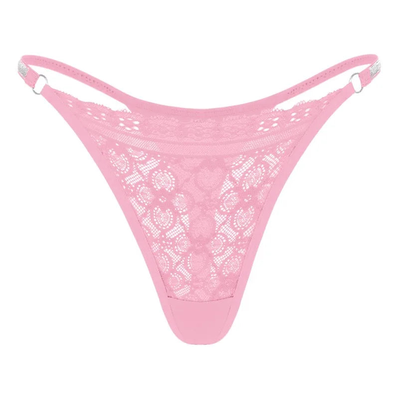 New Women Lace Trim Thong Panties Silver Ribbon Panel Low Rise Sexy G-string Breathable Stretch Skin Friendly Intimate Underwear
