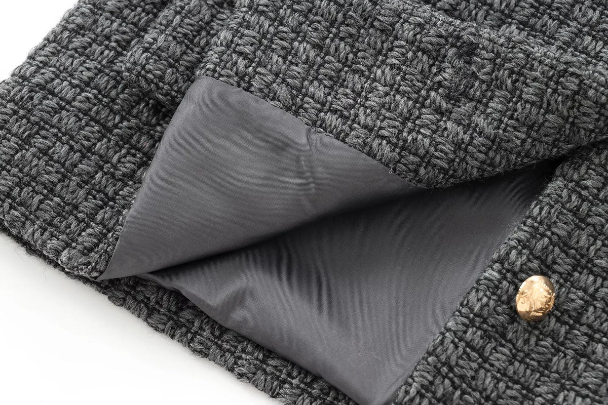 Foridol Tweed Knitted Dark Grey Blazer Coat Women Autumn Winter Gingham Short Coat Office Lady Vintage Buttons Veste