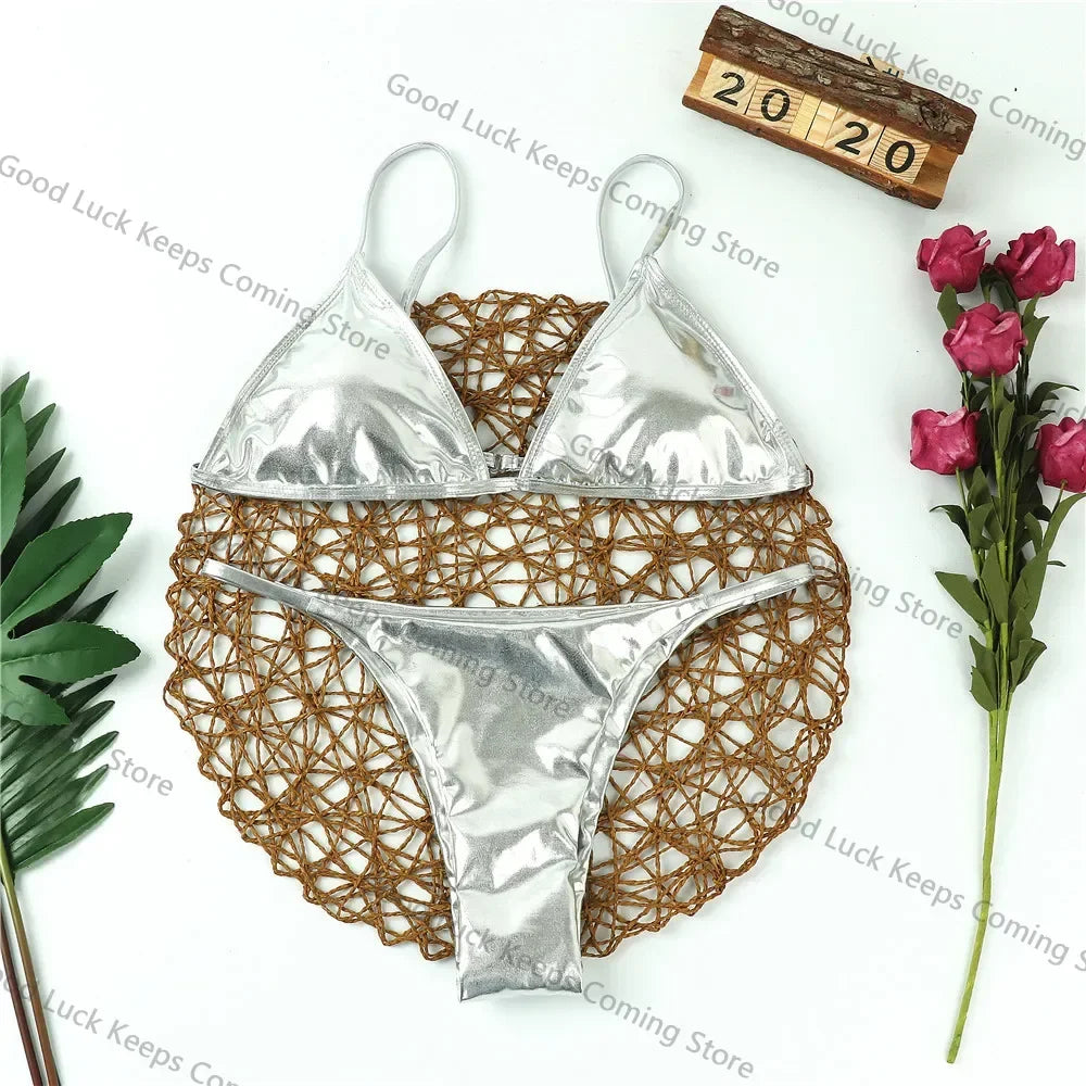 Women Sexy Thong Bikini Set Silver Gold Sequinis Biquini Swimwear 2025 Summer Push Up Padded Bra Bathing Suit Beach Wear