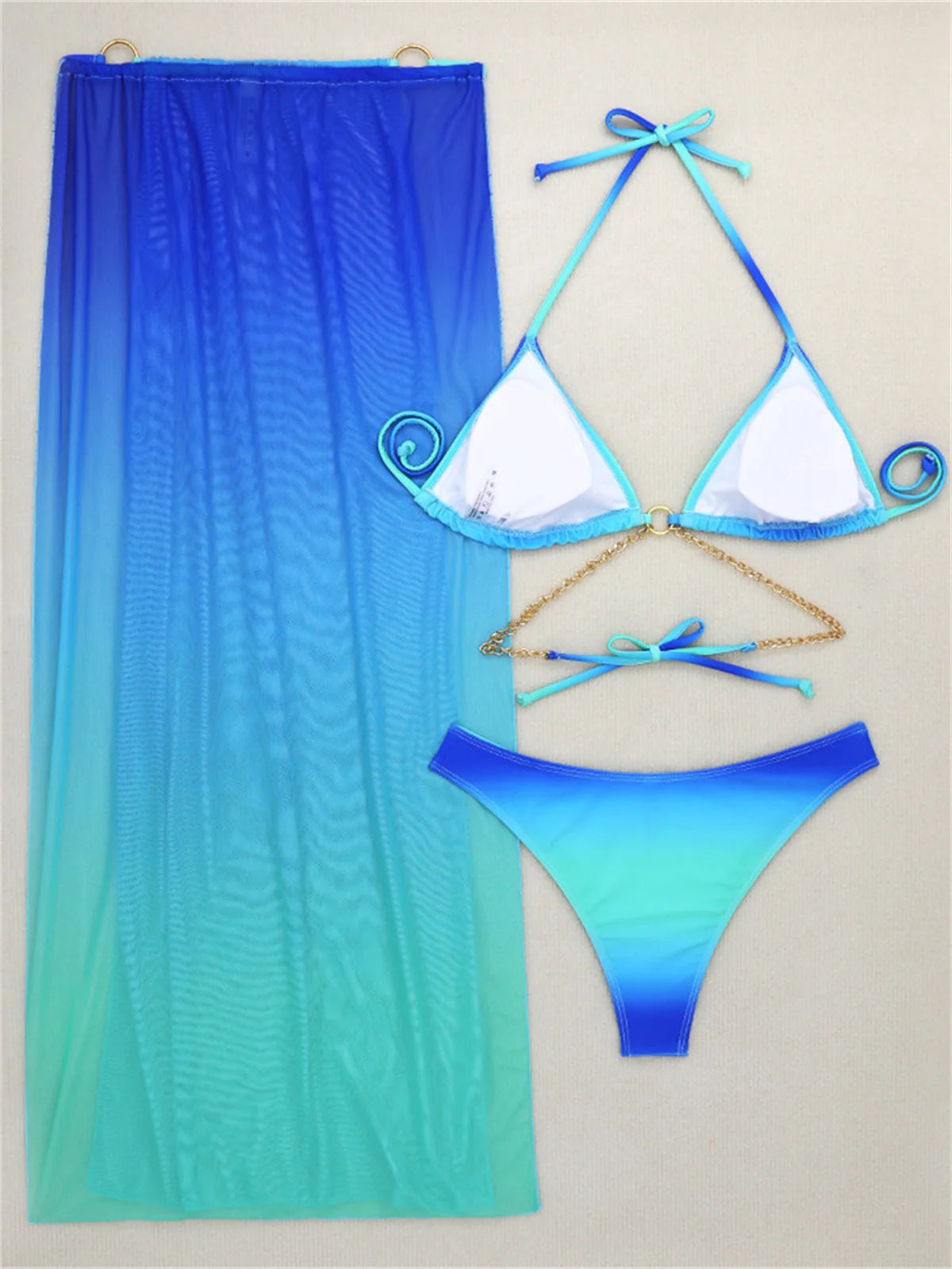 3 Pieces Thong Bikini Set 2026 Swimsuit Women & Kimono Swimwear Sexy Gradient Metal Criss Cross Bathing Suit Cover Up Bikinis
