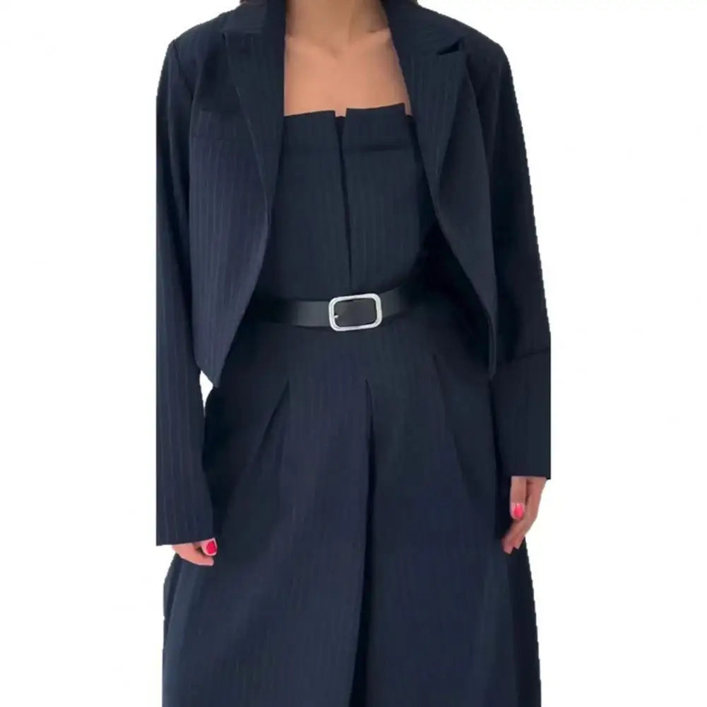 Women's Business Outfit Cropped Blazer Strapless Tube Top Jumpsuits 2 Piece Suit Set Belted Wide Leg Romper Office Work Clothes
