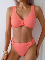 2026 Summer New Women's 2 Piece Swimsuit Solid Color High Waist Bikini Set V-neck Backless Beach Vacation Bathing Suit Swimwear