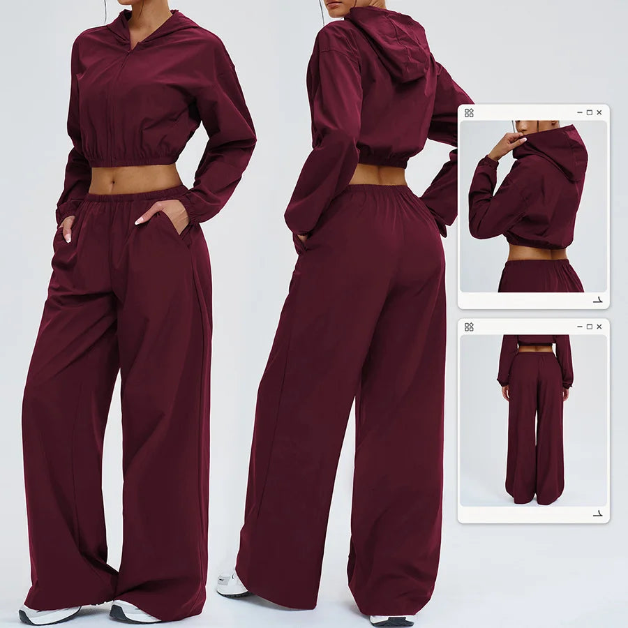 Sports sunscreen set Zipper windproof hooded sunscreen leisure outdoor 2 PCS Long Sleeved Loose sports riding Wide Leg Pants Set