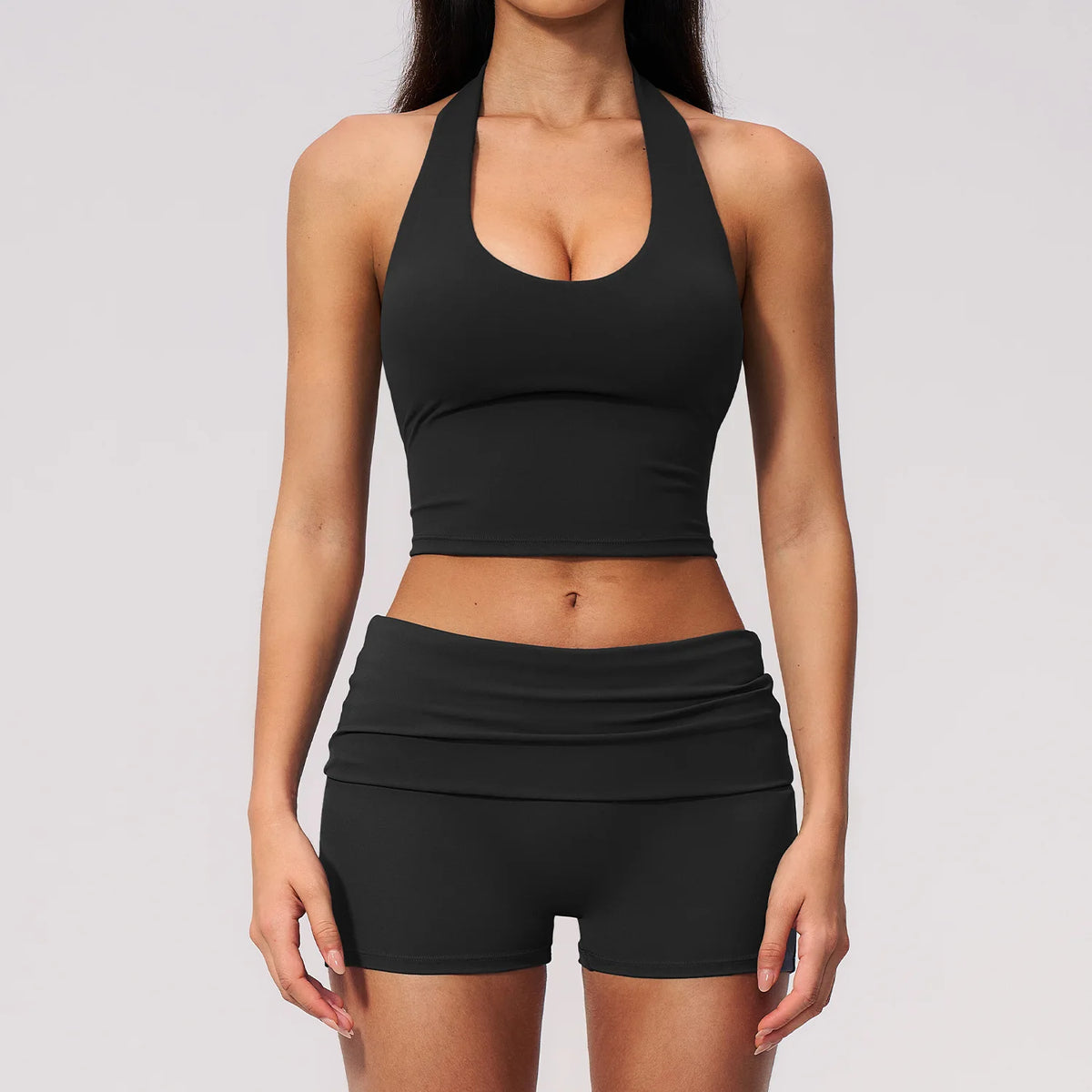 2PCS Yoga Set Women V-neck Cross Neck Shock-absorbing Sports Vest Workout Pleate Flip High Waist Shorts Gym Runing Fitness Suits