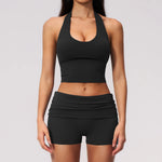 2PCS Yoga Set Women V-neck Cross Neck Shock-absorbing Sports Vest Workout Pleate Flip High Waist Shorts Gym Runing Fitness Suits