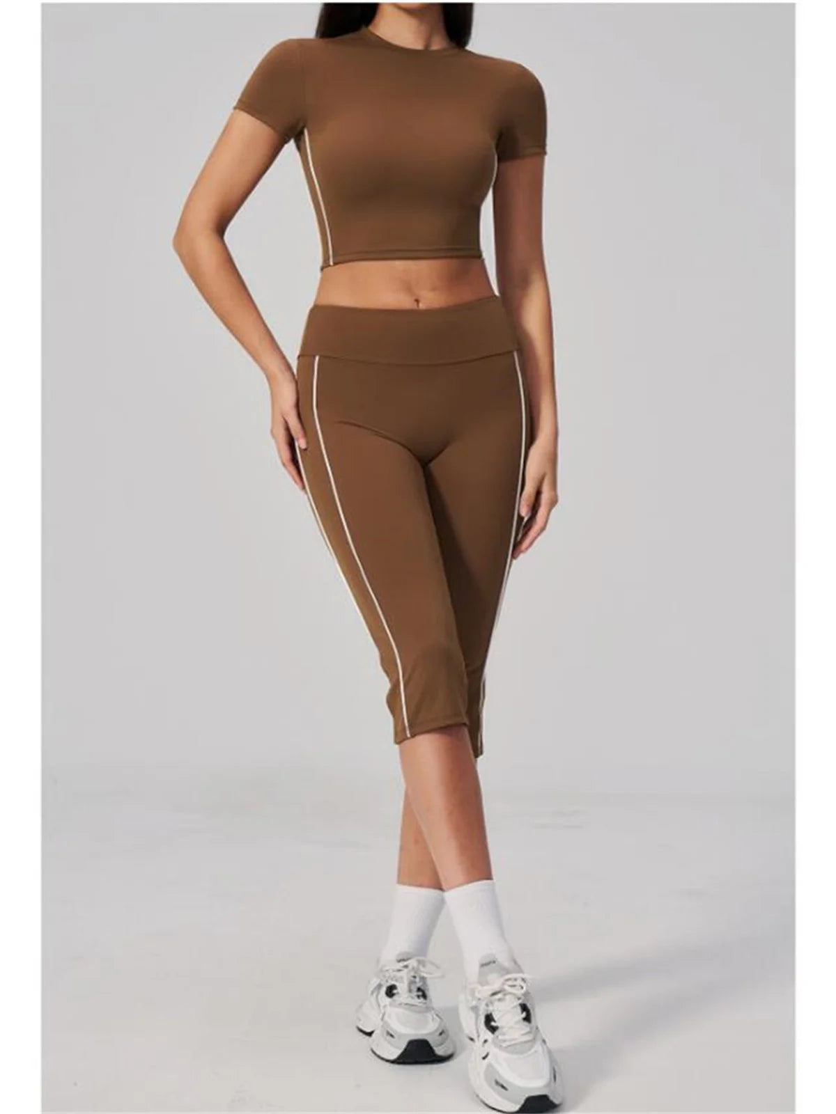 Color Blocked Yoga Suit Women Tracksuit Short Sleeve Shock-absorbing Sports T Shirts High Waist Pants Gym Running Fitness Suits