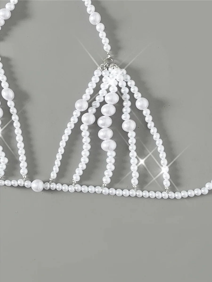Luxury Pearls Chain Halter Hollow Out See Through Bikini Top Female Swimsuit Women Swimwear Bather Bathing Suit Swim Beach Top
