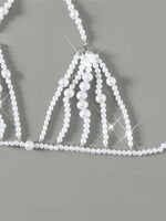 Luxury Pearls Chain Halter Hollow Out See Through Bikini Top Female Swimsuit Women Swimwear Bather Bathing Suit Swim Beach Top