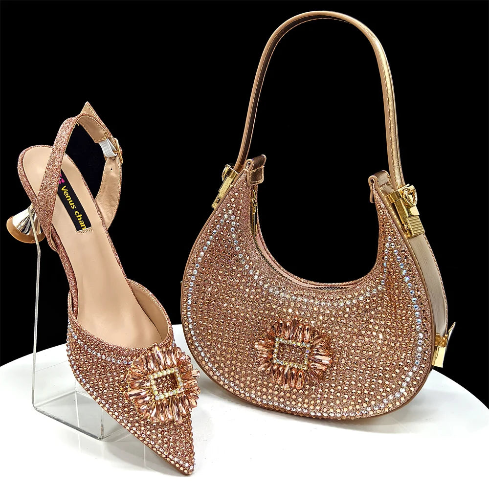 doershow Italian Shoes And Bag Sets For Evening Party With Stones Italian Leather Handbags Match Bags!HFG1-21