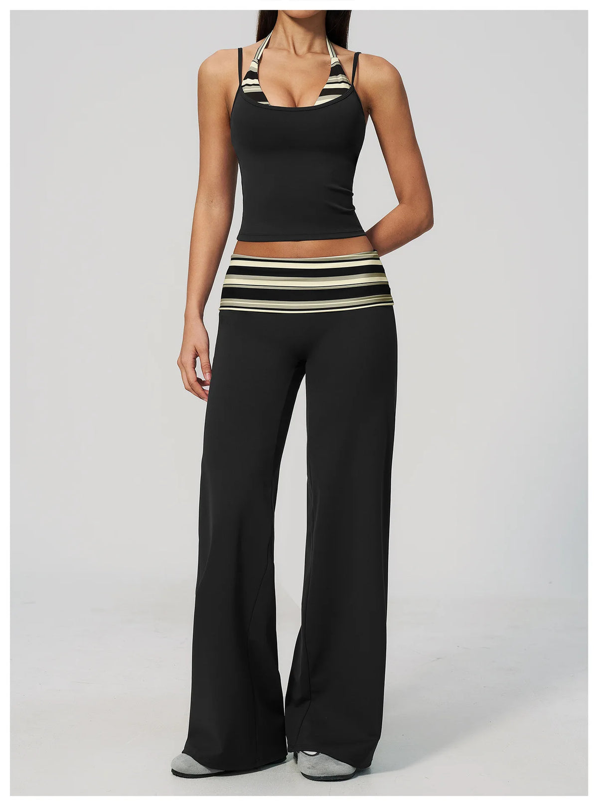 Women's 2 Piece Yoga Set Halter Neck Crop Top Fold Over Waist Wide Legged Flare Trousers Polka Dot Striped Gym Workout Running