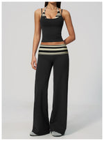 Women's 2 Piece Yoga Set Halter Neck Crop Top Fold Over Waist Wide Legged Flare Trousers Polka Dot Striped Gym Workout Running