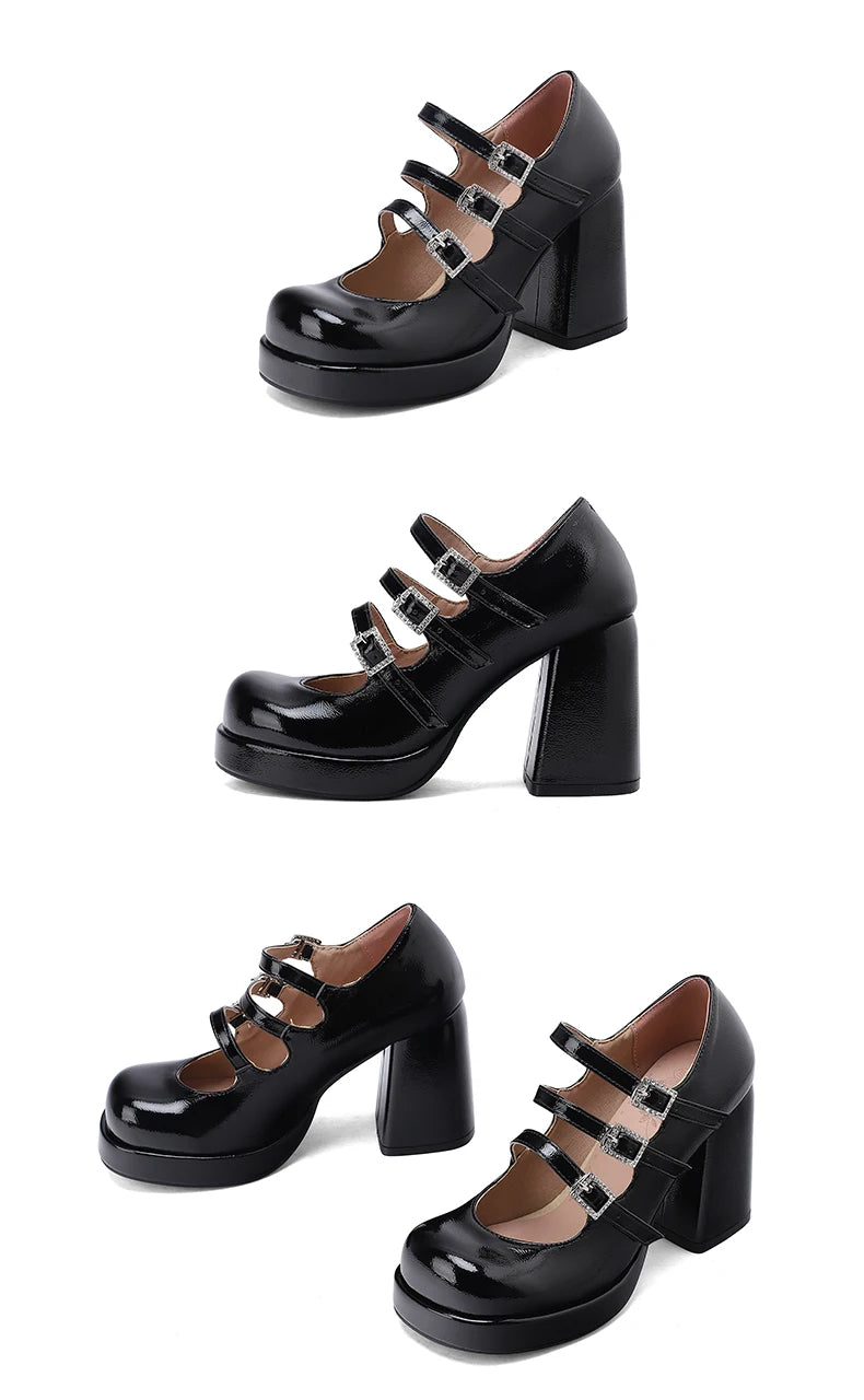 Plus Size Women Red Patent Leather Platform Mary Jane Shoes 3 Rhinestone Buckle Straps Chunky BlockY2K Lolita Party Pumps
