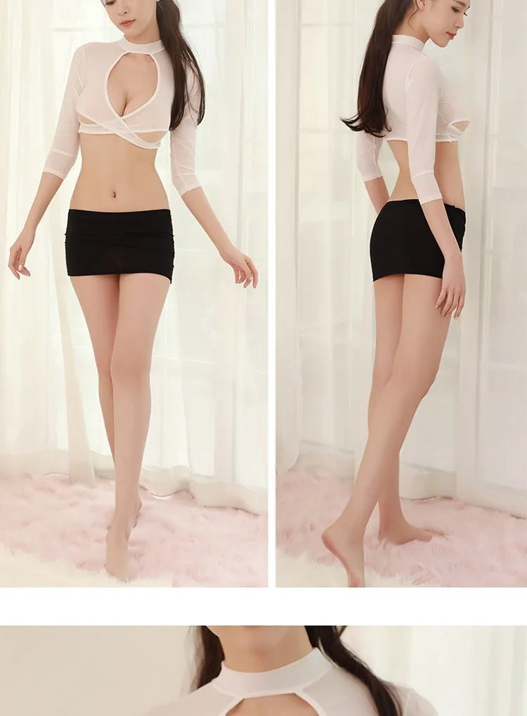Candiway Cosplay Halter Mini Dress Lingerie Garter Lace Sleeve Babydoll Erotic TEACHER Skirt Cross top Bodysuit FANCY