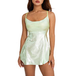 Women Sleeveless Backless Party Club Dress Solid Color Shiny Spaghetti Strap Mini Dress for Cocktail Nightclub Beach