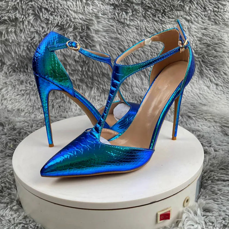 Green Snake Print High Heels Hollow Design 12cm Stiletto Women's Fashion Shoes
