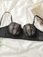 Women Longline Lace Bra Underwire Floral Sheer Mesh Adjustable Thin Straps Sexy Shapewear Corset Daily Lingerie Black L2380