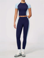 Nake Yoga Set Women's Tracksuit Color Contrast Short Sleeve Slim Sports T Shirts High Waist Leggings Fitness Clothes Gym Outfits