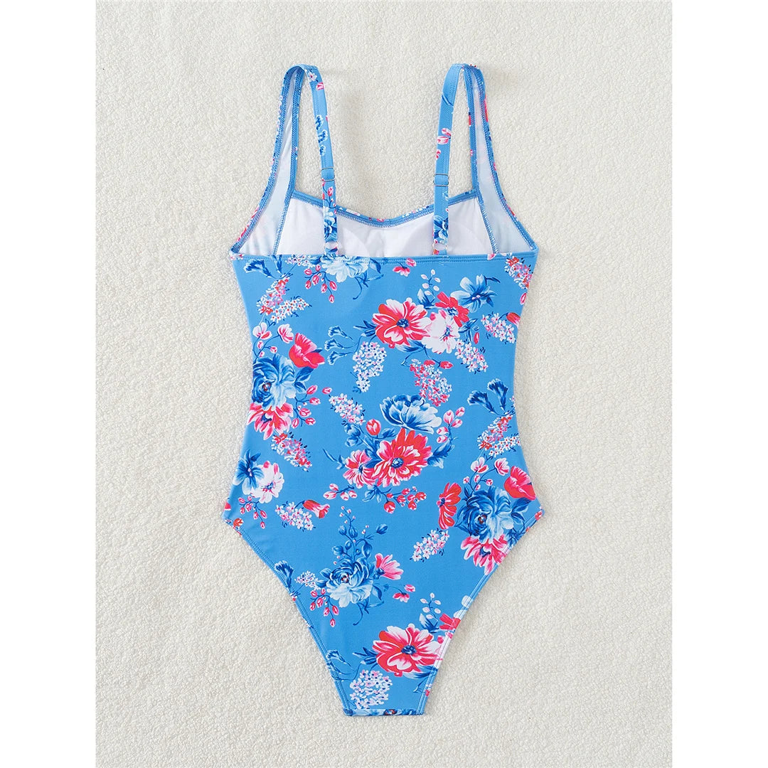 S - XL Sexy Flowers Printed Floral Wrinkled One Piece Swimsuit Women Swimwear Female High Leg Cut Bather Bathing Suit Swim V5816