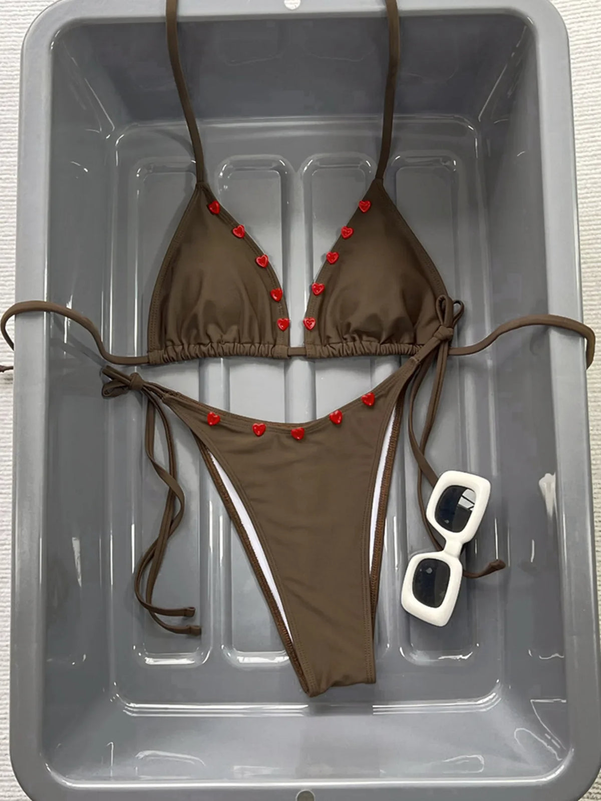 New Coffee Red Contrast Bikini Set 2026 Women Halter Push Up Bra Tie Side Thong Swimsuit Summer Bathing Suit Vacation Swimwear