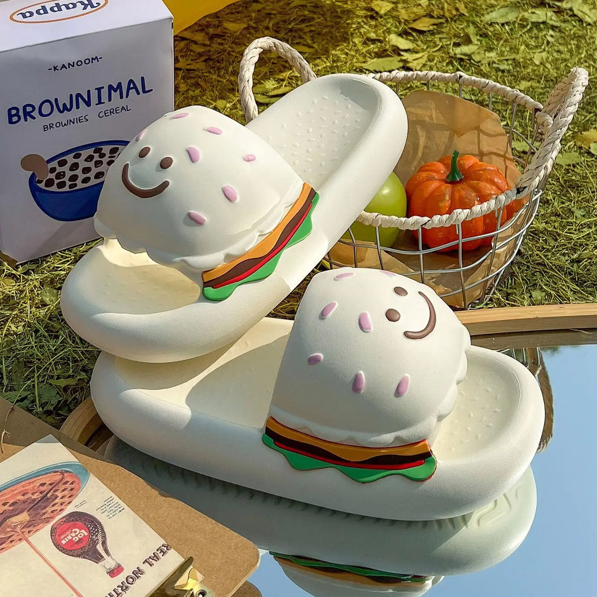 CartoonCutesy3D Sesame Burger Slippers for Women, Summer Outdoor & Home Wear, Anti-Slip Thick Soles, Flat Back Slides,Flip Flops