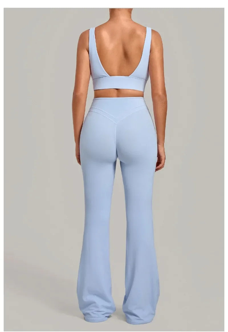 Women's Seamless Yoga Sets Sports Fitness Hip-lifting High Waist Flared Pants Backless Bra Suits Training WorkoutLeggings Sets