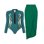Black And Printed Long Sleeve Swimsuit With Cover Up Sexy Swimwear Women Surf Swim Suit Slimming Bathingsuit Bodysuit Beachwear