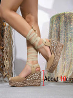 European Size Leisure Summer Espadrilles Sandals Rhinestones High Heels Wedges Sandals Shoes Women Comfy Walk Platform Sandal