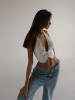 Elegant Halter Neck Backless White Tank Tops Women 2026 Summer Sexy Off Shoulder Buttons Crop Top High Street Lady Solid Vests