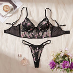 Women Black Mesh Lingerie Set Floral Embroidery Fishbone Bustier Top&Thong 2 Pcs Underwear Sexy Intimate Female Push Up Bra Set