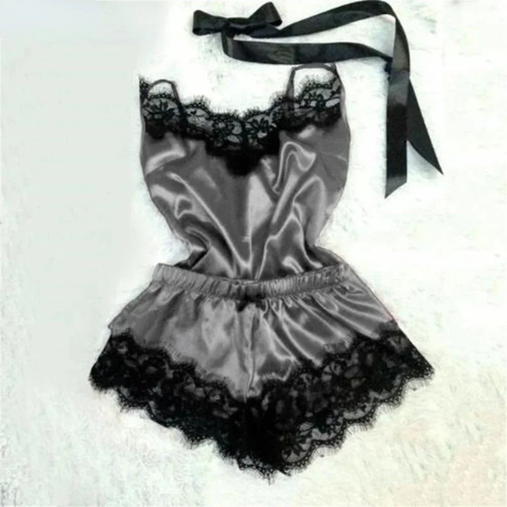 Summer Lace Silk Pajama Set for Women Sexy Sleepwear Lingerie 2 Pieces Cami Top and Shorts Sets Comfortable Casual Lounge