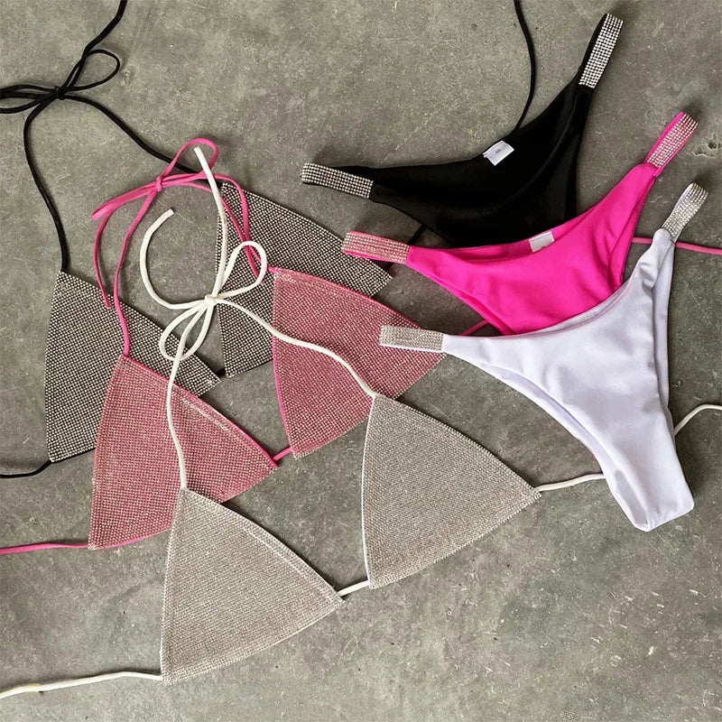 Halter Jewelled Sequins Diamond Bikini Women Swimsuit Female Swimwear Two Pieces Bikini Set Mini Micro Bathing Suit Swim Lady