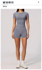 Seamless Yoga Sets Women Short Sleeve O Neck Slim Sports T Shirts Gym Outfits Abdominal Compression Shorts Running Fitness Suit