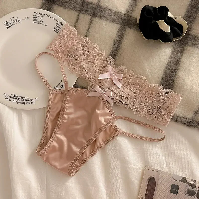 Cross Belt Lace Transparent Sexy Underpants Women's Low Waist Mesh Hollowed Bow Panties Cotton Breathable Briefs Lingerie