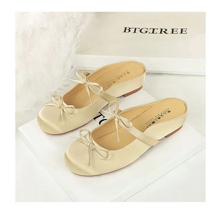 BIGTREE Satin Bow With One Strap With Shallow Mouth Half-Tugging Women's Hollow Inner Heightened Round-Head Sandals Comfortable